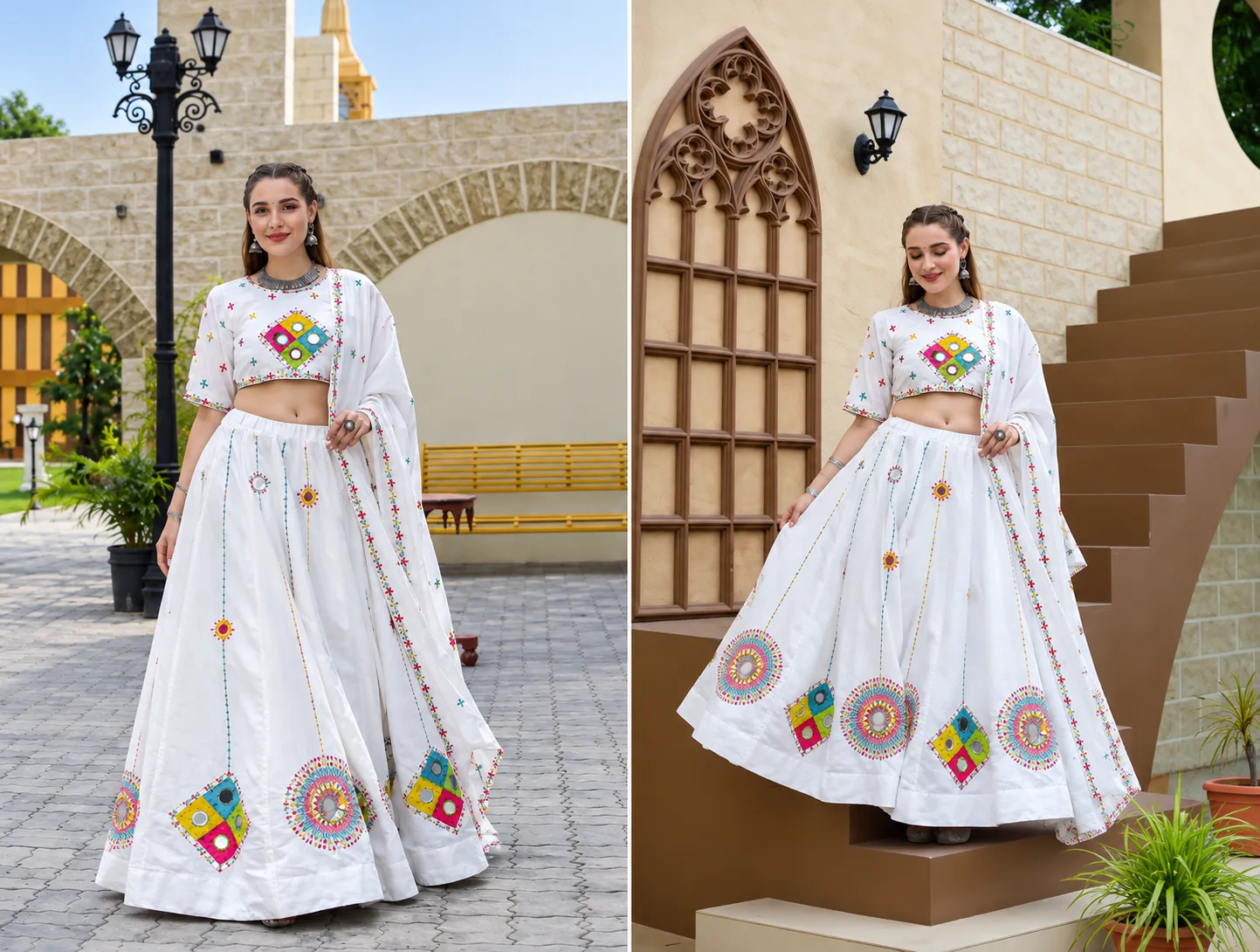 SM.53 Ivory Dreams – White Multicolour Mirror Work Lehenga Choli