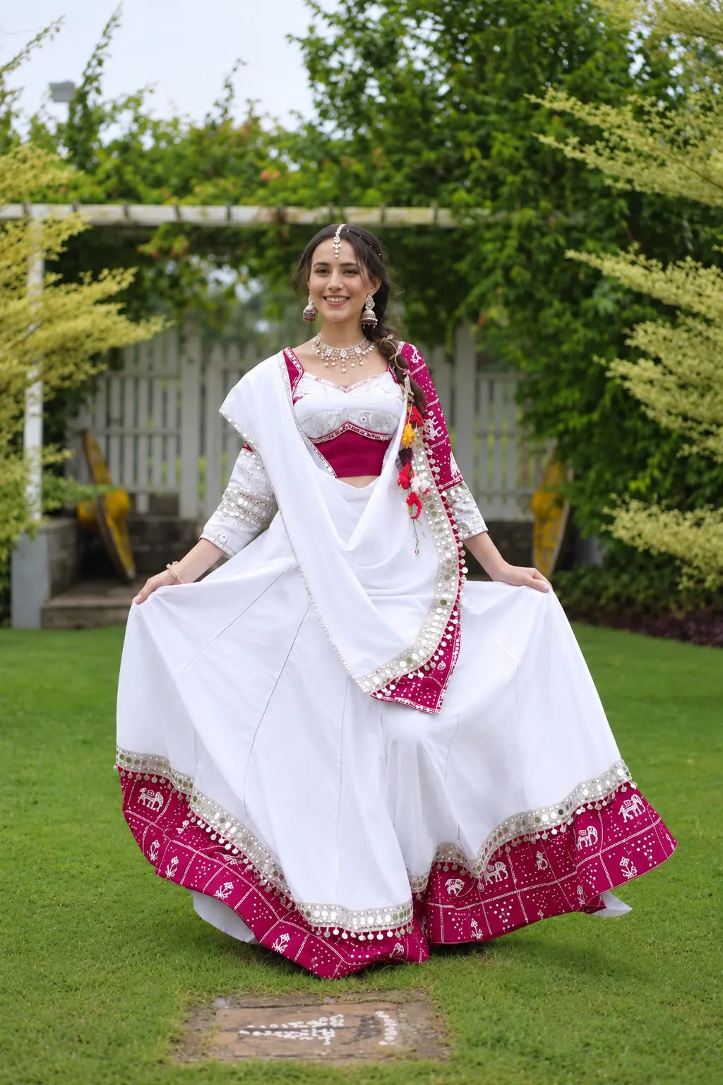 Ivory and Rani Pink Mirror-Work Chaniya Choli
