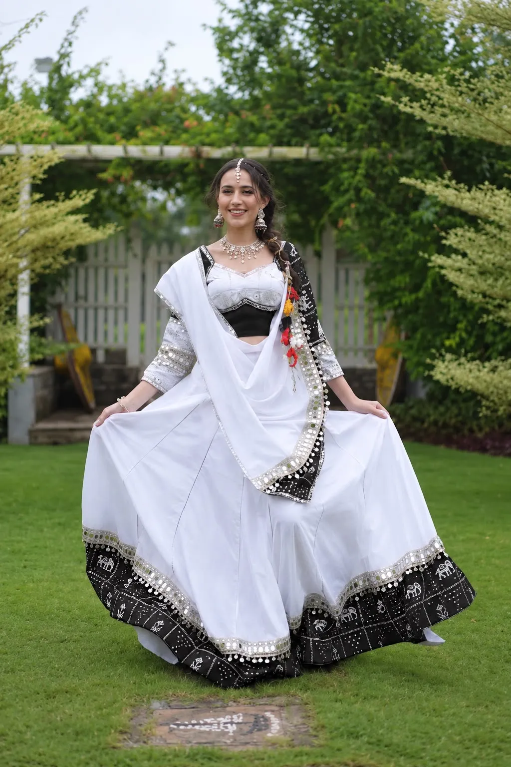 Ivory and Black Mirror-Work Chaniya Choli