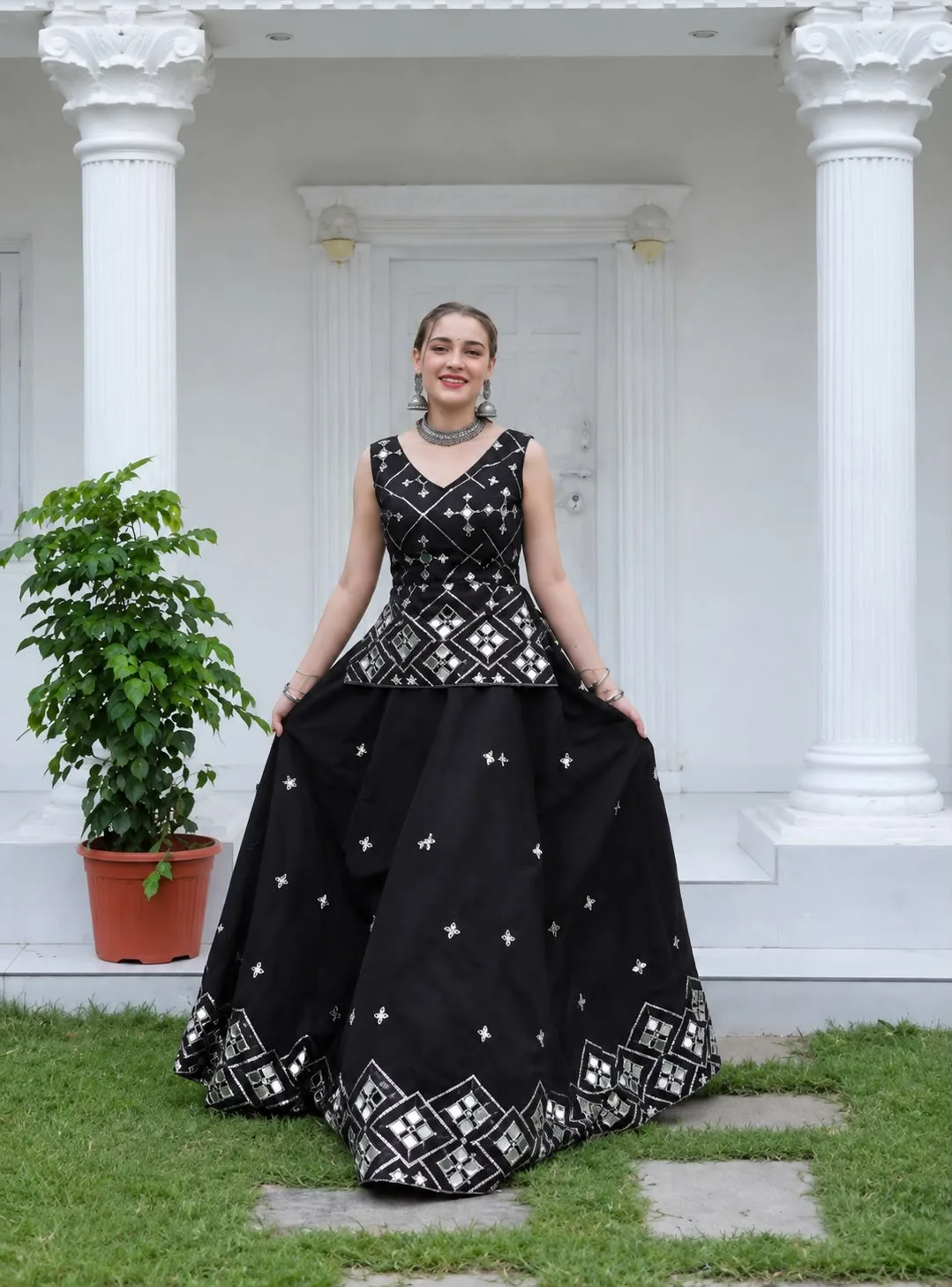 SM.71 Midnight Sparkle – Black Mirror & Sequence Work with long blouse Chaniya Choli